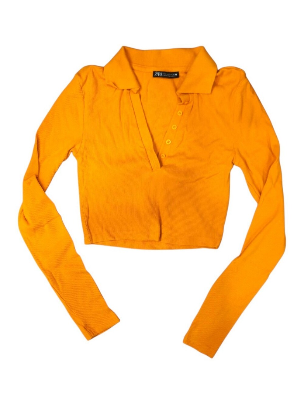 Zara Bright Orange Long Sleeve Cropped Collared Top